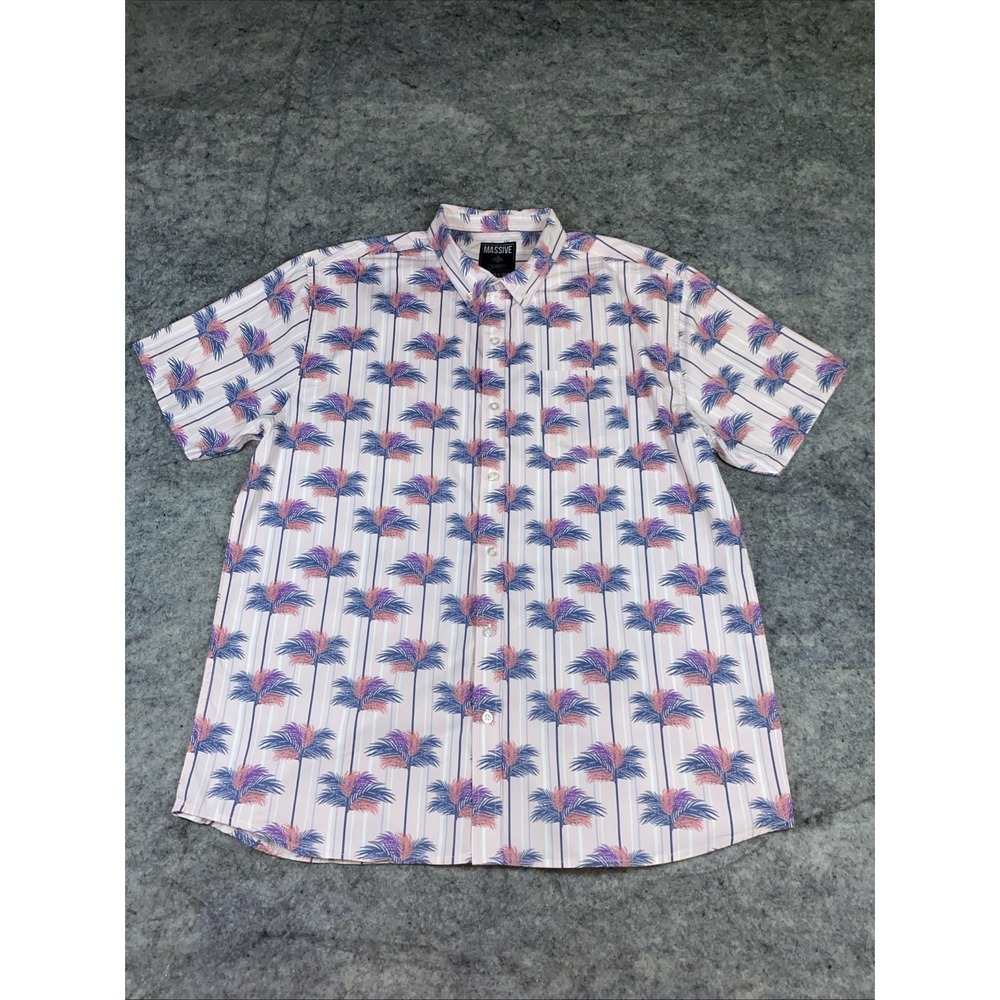 Massive Shirt Men's XL Pink Hawiian Palm Tree Button Up Pinstripe Beach Cruise